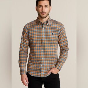 Ralph Lauren Men’s Button Down Shirt Large Orange Blue Plaid Non-Iron